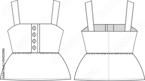 sleeveless strappy strapped square neck buttoned peplum hem loose slouchy blouse top template technical drawing flat sketch cad mockup fashion woman design style model 
