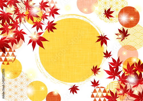 枝付き紅葉、和柄玉、背景、かわいい、イラスト、横