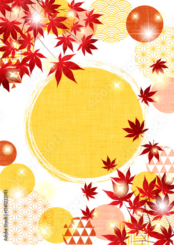 枝付き紅葉、和柄玉、背景、かわいい、イラスト、縦