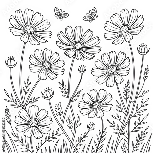 Illustration vector of a Cosmos flower coloring page