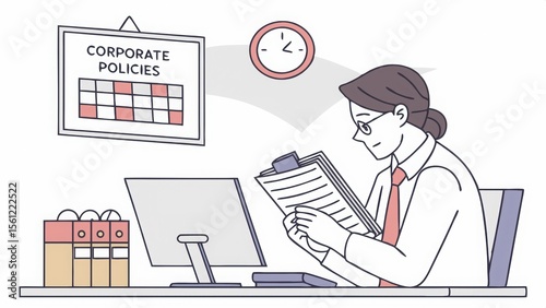A woman in a white shirt and tie sits at her desk reviewing corporate policies