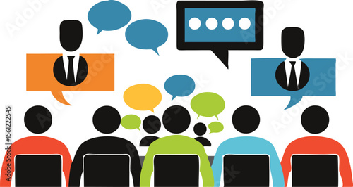 Illustration of people in a meeting with speech bubbles above their heads indicating conversation and discussion