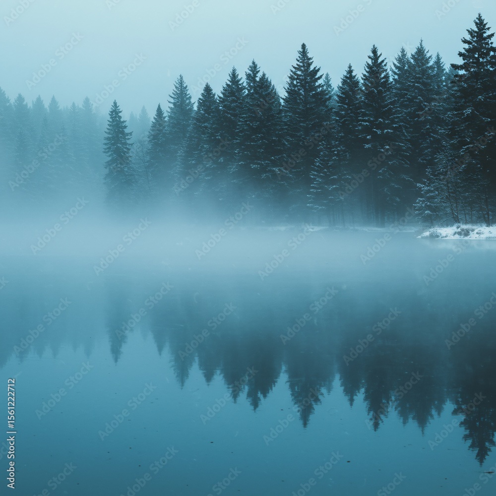 Fototapeta premium Frozen Lake Encircled by Misty Pines in Cinematic Blue Tones