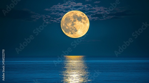 Full moon over ocean with glowing blue water and silver reflections under a cloudy night sky, magical natural seascape, high-resolution realistic photography
