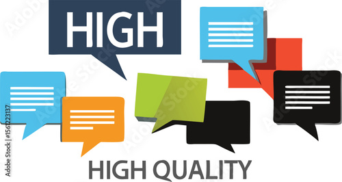 Illustration of colorful speech bubbles with horizontal lines and the words high quality displayed below them