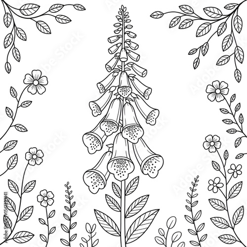 Line drawing of a beautiful foxglove flower coloring page