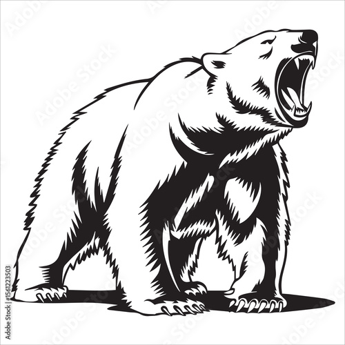 Roaring Polar Bear Sitting Black And White Silhouette Vector