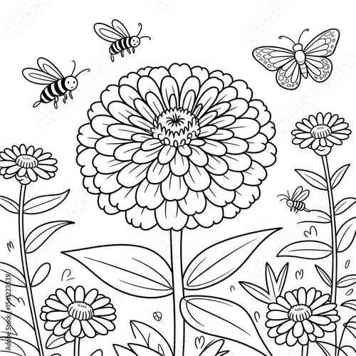 Beautiful line drawing of a zinnia flower coloring page