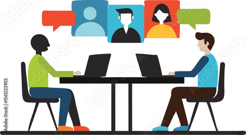 Two people in a video conference with three participants on the screen at a black table and chairs