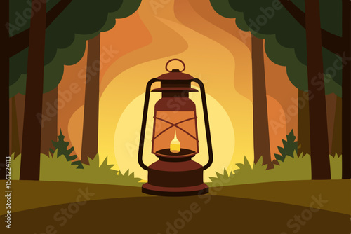 Vintage Lantern Glowing In Warm Forest Light Scene