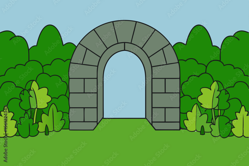 Fototapeta premium Stone Archway Entrance to a Lush Green Garden A Serene Landscape Illustration