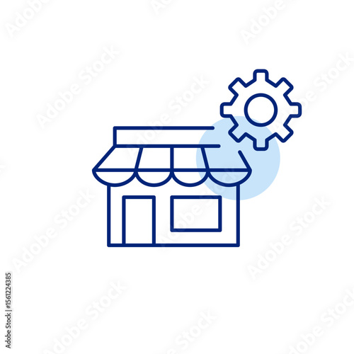 Store and cogwheel. Retail settings, inventory management, shop system configuration, point of sale control, store operations setup. Pixel perfect, editable stroke vector icon