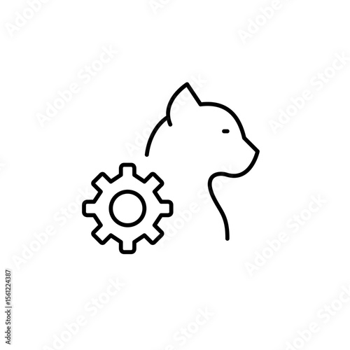 Cat side view and cogwheel. Pet care app, tracking and settings. Pixel perfect, editable stroke vector icon