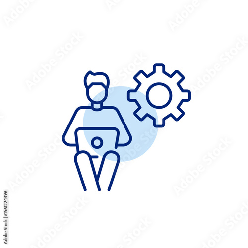 Man sitting working or studying at laptop and cogwheel. Account management, workflow optimization, admin control panel, digital workspace settings, user interface customization. Pixel perfect, editabl