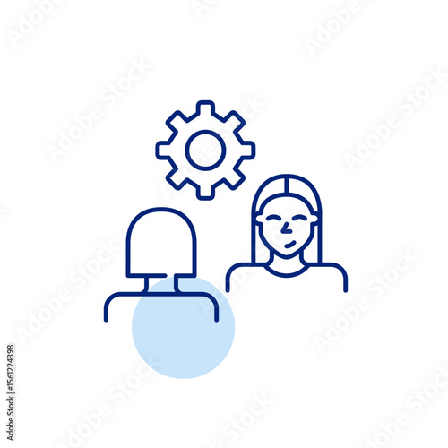Two women on interview or conversation and cogwheel. Collaborative settings, communication management, interview configuration, dialogue optimization, user interaction control. Pixel perfect, editable