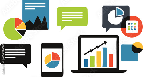Illustration of business analytics with charts, graphs and mobile devices displaying data insights shown