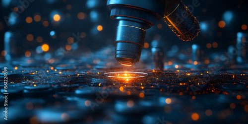 Scientific research under microscope in laboratory with digital visualization elements illuminating technological discovery exploration and cutting edge innovation