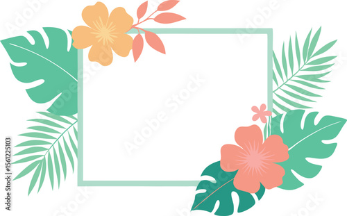Tropical floral frame with palm leaves and hibiscus flowers for summer vacation design