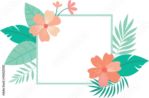 Floral Frame with Tropical Leaves and Flowers Decorative Border for Summer Design