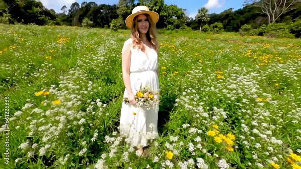 A woman stands in a sunny flower field, holding a bouquet with joy. A woman stands in a sunny flower field, holding a bouquet with joy.