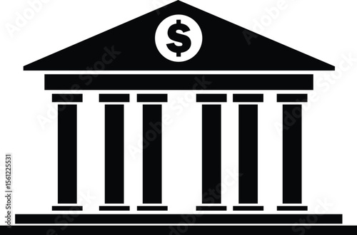 Black and white illustration of a classical bank building with columns and a dollar sign.