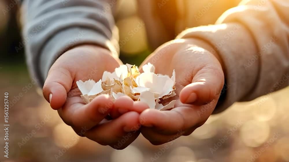 Close up shot of hands holding delicate white eggshell fragments. Warm sunlight filters through background creating a soft and gentle ambiance