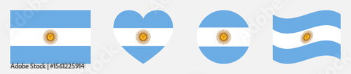 Argentina national flags set in square, heart, circle and waving formats designs element. Argentina flags collection. Set of Argentina flags icons isolated on gray background. Vector illustration.