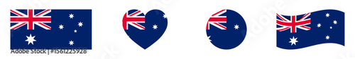 Australia national flags set in square, heart, circle and waving formats designs element. Australia flags collection. Set of Australia flags icons isolated on white background. Vector illustration.