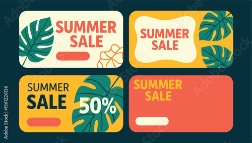 Summer Sale Banners with Tropical Leaves and Discount Offers