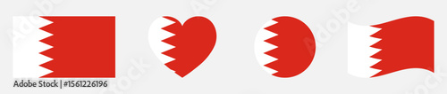 Bahrain national flags set in square, heart, circle and waving formats. Bahrain flags collection. Set of Bahrain flags icons isolated on gray background. Vector illustration.