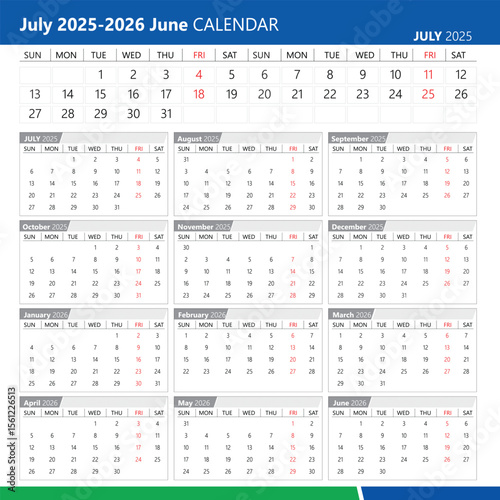 Friday red calendar International version July-2025 to June 2026
