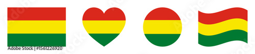 Bolivia national flags set in square, heart, circle and waving formats. Bolivia flags collection. Set of Bolivia flags icons isolated on white background. Vector illustration.