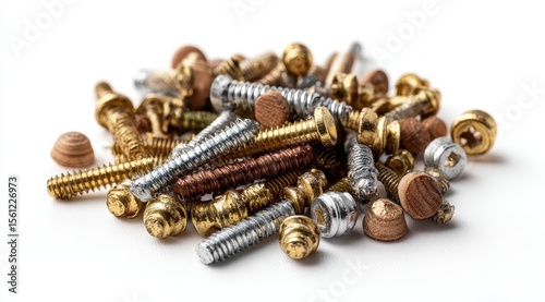 A haphazard pile of various screws, bolts, and wooden plugs, showcasing different metallic finishes and sizes against a stark white backdrop