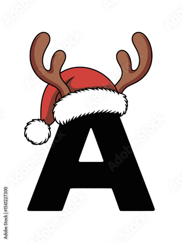 Festive Letter A with Reindeer Antlers and Santa Hat, Playful letter A illustration featuring reindeer antlers and a red Santa hat, perfect for Christmas, winter holidays, and seasonal designs.

