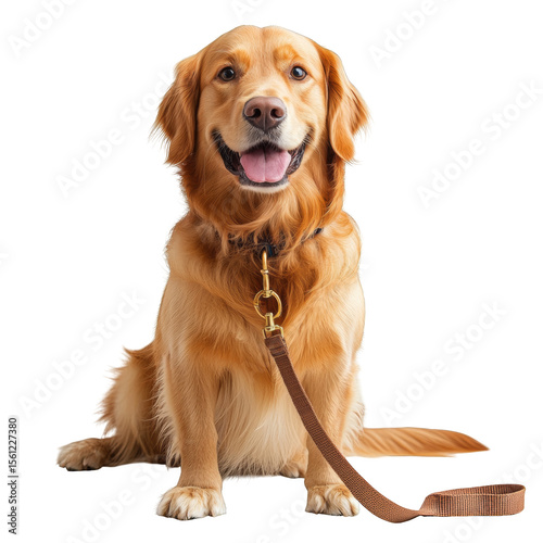 A brown dog is sitting on a white background with a leash