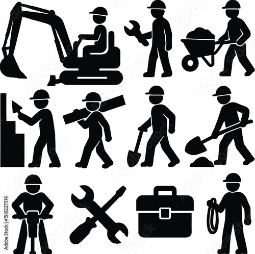 various tools and equipment including excavators