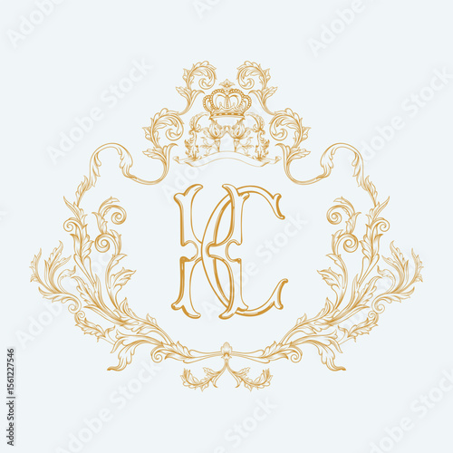 Vintage ornate gold hand drawn crest intertwined HC initial monogram intricate floral scrollwork and top of with a regal crown.