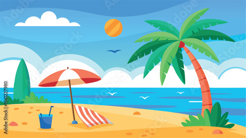 Tropical Beach Paradise Scene with Palm Tree and Umbrella for Summer Vacation