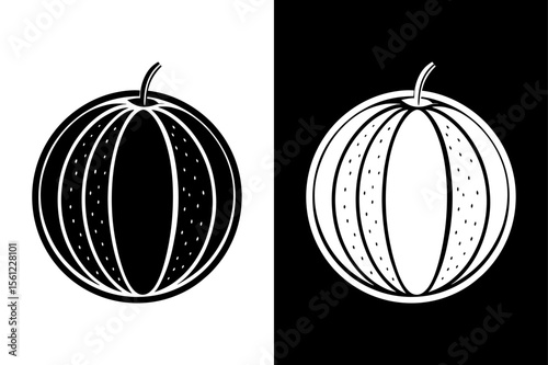 Flat Minimalist Cantaloupe Whole Fruit Icon in Black and White