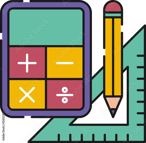 A colorful graphic of a calculator, pencil, and protractor, suggesting a concept related to mathematics or education.