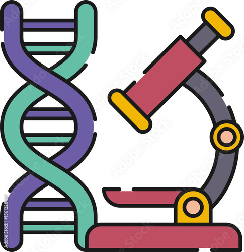DNA double helix and microscope, symbolizing genetic research and scientific discovery.