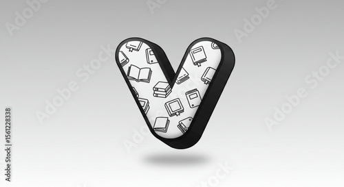Monochromatic 3D letter V icon with an educational book pattern. A floating initial representing knowledge, reading, and literature.
