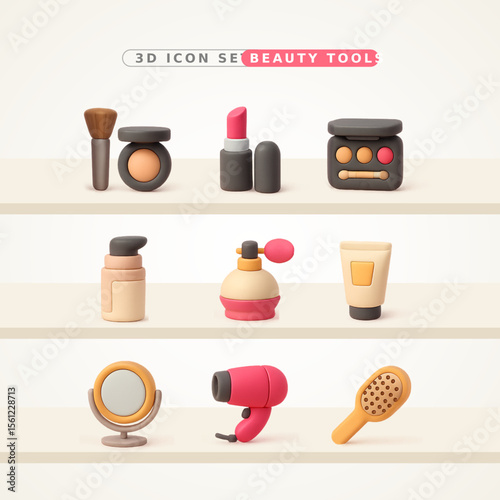 3D Beauty Tools Icon Set – Makeup and Hair Styling Essentials
