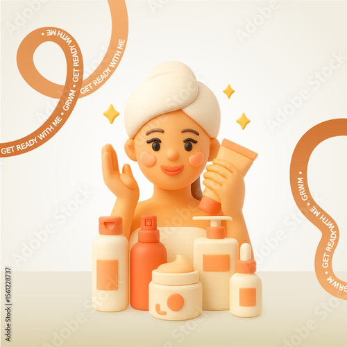 3D Skincare Routine Illustration – Get Ready With Me Editable Text
