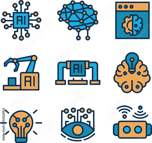 Artificial Intelligence Icons AI Technology, Machine Learning, and Automation Graphics
