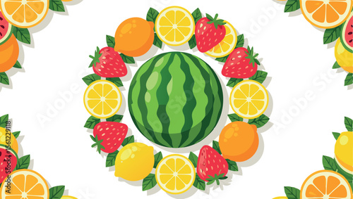 Healthy Fruit Wreath Design With Watermelon Strawberry Lemon Orange And Leaves Decoration