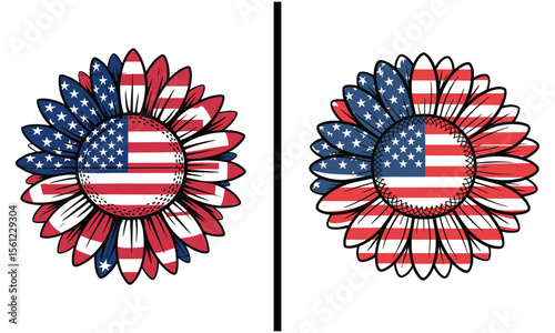 Sunflower Designs with American Flag Pattern – Patriotic Floral Illustrations for Independence Day and National Holidays