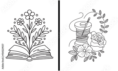 Floral Illustrations of an Open Book and a Thread Spool – Elegant Line Art for Crafting, Sewing, and Literature Design