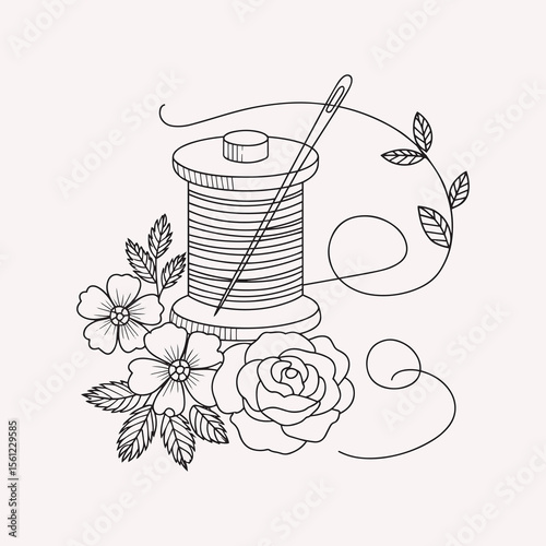 Minimalist Line Art of Thread Spool, Needle, and Flowers – Elegant Floral Sewing Illustration for Crafting and Textile Design