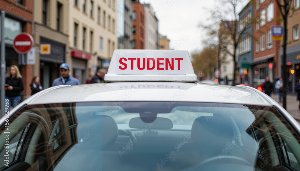 Obraz premium Student driver training in busy city street, drivers education concept